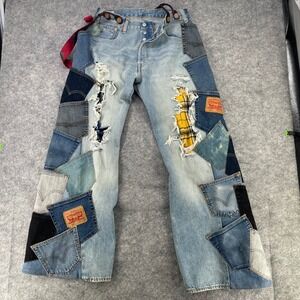 Levi's 501 Upcycled Jeans Men 34x34 Blue 32x34 Patchwork Distressed Suspenders